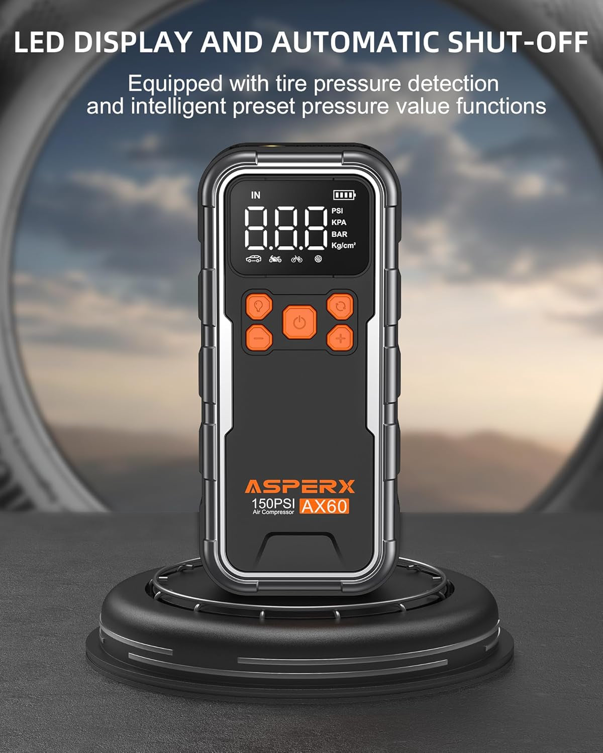 Portable Tire Inflator - 150PSI Cordless Air Compressor with Digital Gauge & LED Light, Fast Inflation for Cars, Motorcycles, and Sports Equipment