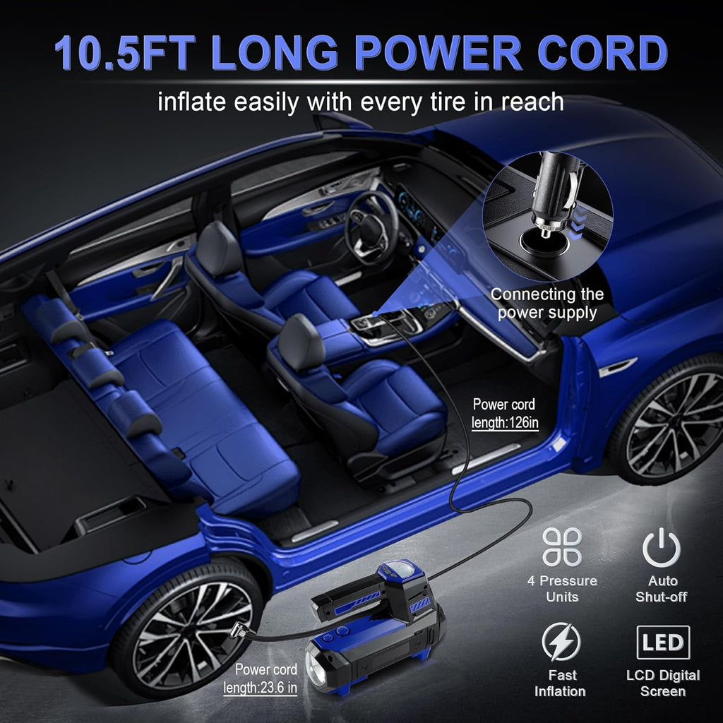 Tire Inflator Portable Air Compressor for Car Tires - Car Accessories, 12V DC Air Pump with Digital Tire Pressure Gauge, Max 150PSI with Emergency LED Lights for Car, Camper, RV, Truck