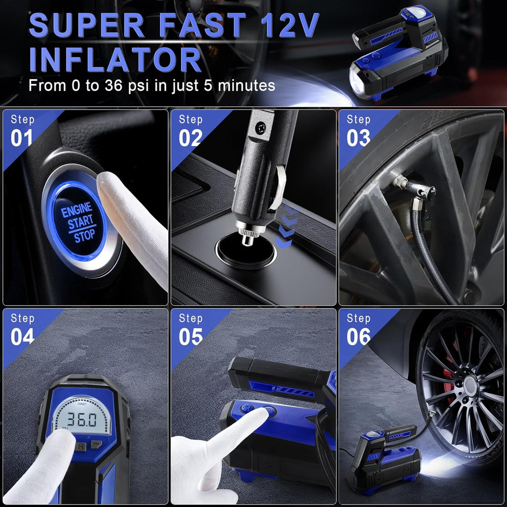 Tire Inflator Portable Air Compressor for Car Tires - Car Accessories, 12V DC Air Pump with Digital Tire Pressure Gauge, Max 150PSI with Emergency LED Lights for Car, Camper, RV, Truck