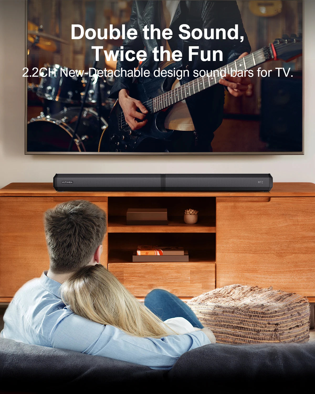 2.2Ch Soundbar for TV, Peak Power 100W, 2-In-1 Detachable Bluetooth 5.3 Soundbar for TV, 3 EQ Modes, Bass Adjustable